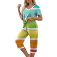 thumbnail image 3 of qucoqpe Comfy Lounge Sets for Women Short Sleeve V-Neck Tops and Striped Print Wide Leg Pants Loose Capri Pajama Set, 3 of 5