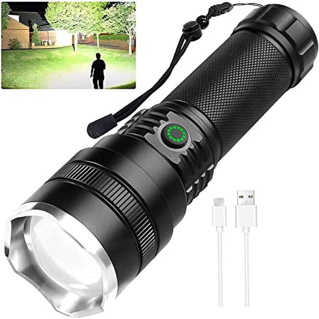 Torche LED Rechargeable Haute Luminosité, 4 Modes Zoom Torche, Chargement USB, Torche Étanche pour Camping Randonnée