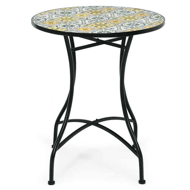 Gymax Patio Mosaic Round Bistro Table Outdoor Dining Table Garden Plant Stand