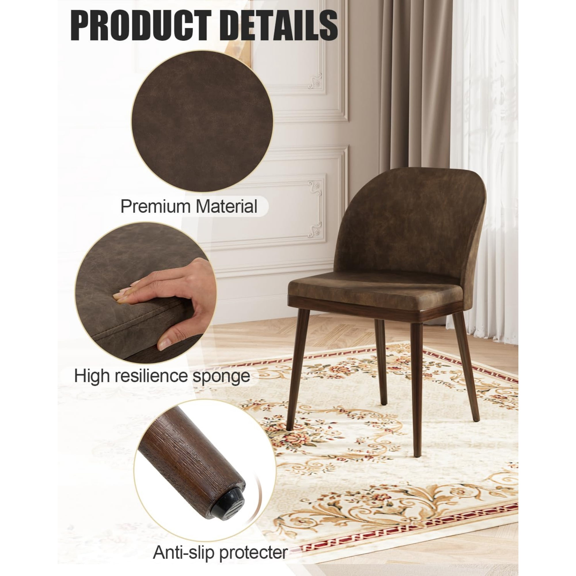 EOP Modern Upholstered Dining Chairs Set of 6, Wooden Dining Side Chairs with Curved Backrest, Armless Kitchen Chairs for Dining Room & Restaurant, Dark Brown