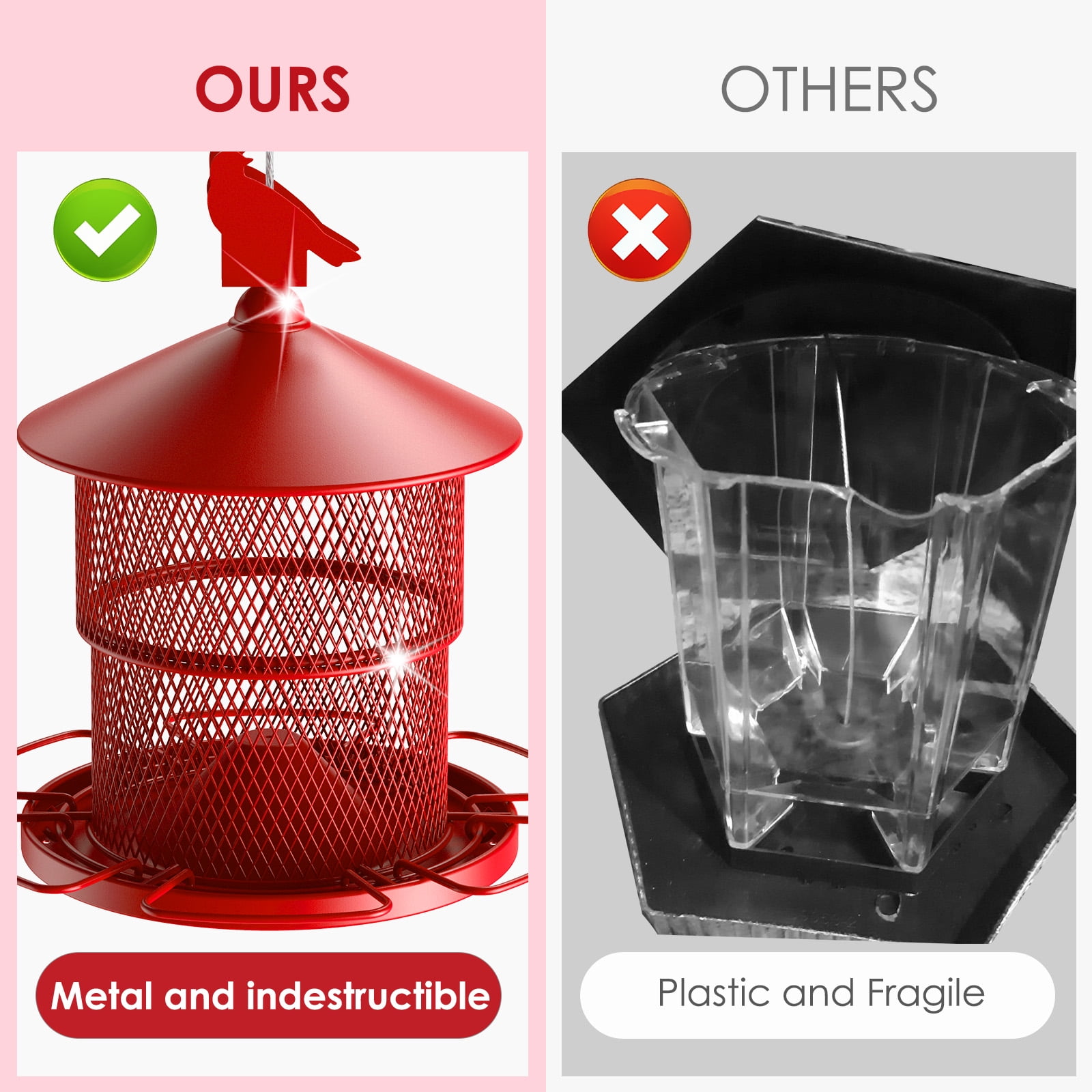 Digipettor Metal Wild Bird Feeder for Outside, Squirrel Proof Bird Feeders, Retractable 4LB Capacity Large Seed Birdfeeder for Outdoors Hanging Garden Yard, Red