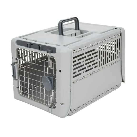 Sport Pet Designs 19-Inch Collapsible Plastic Dog Kennel, Portable Folding Pet Carrier for Small Dogs and Pets up to 20 lbs, Gray, XS