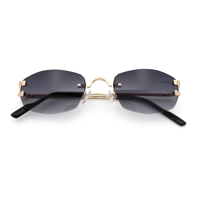 Luxury Rimless OG Fancy Narrow Oval Metal Rim Hustler Fashion Sunglasses Gold - Smoke