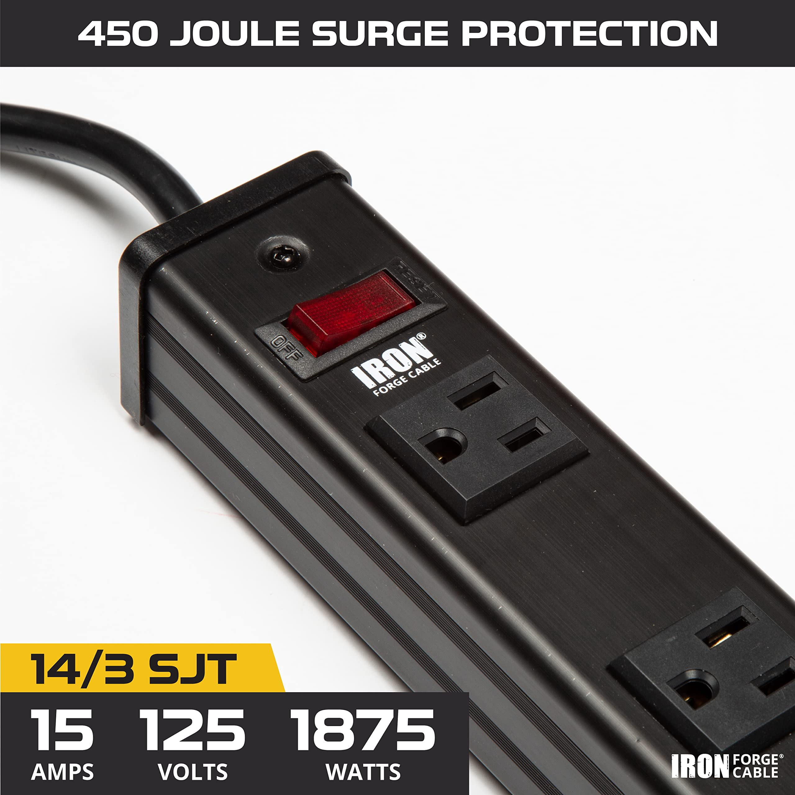 Iron Forge Cable 24 Outlet Heavy Duty Surge Protector Power Strip with Built-in Circuit Breaker, 14/3 SJT Black & Yellow with 9 ft Extension Cord
