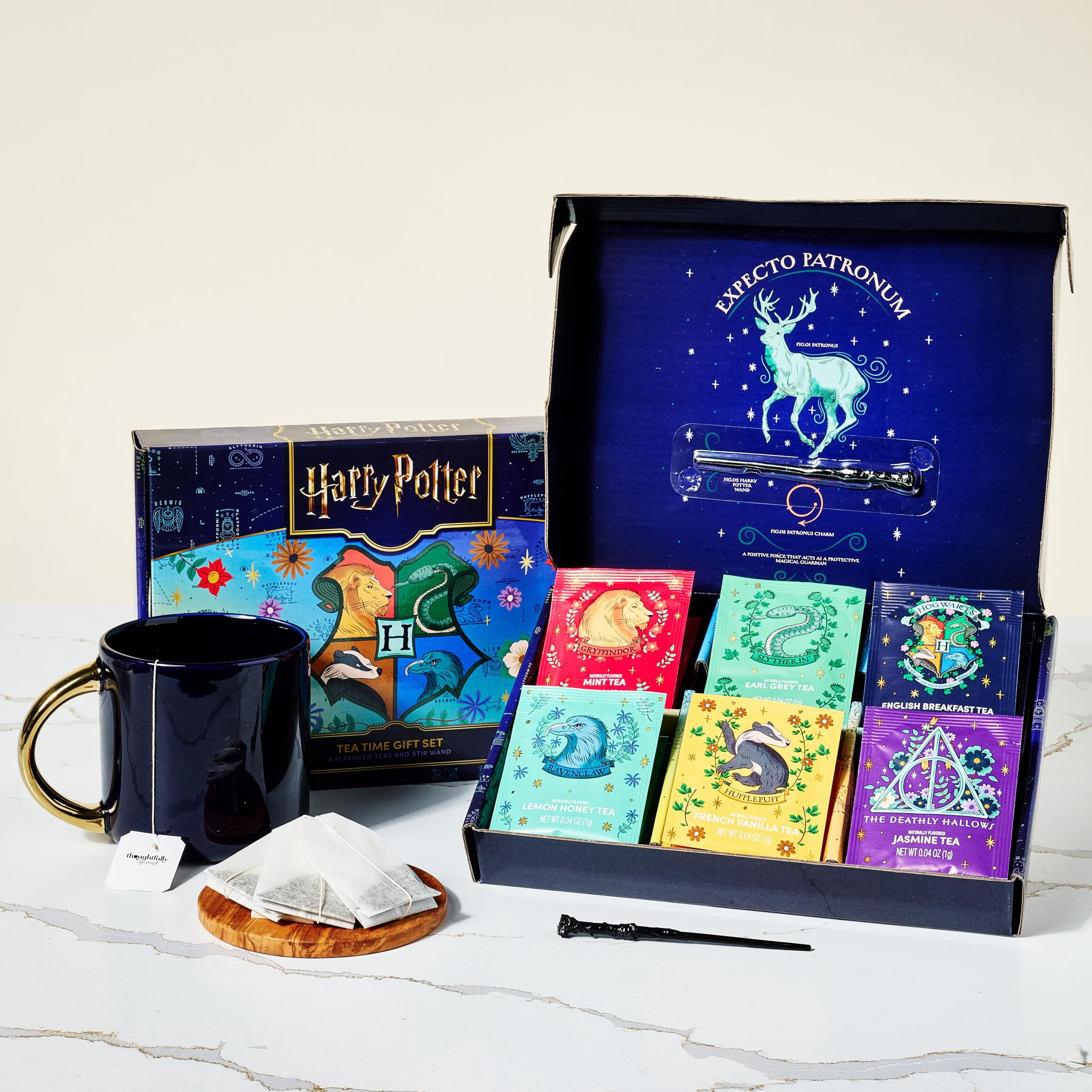 Thoughtfully HARRY POTTER Tea Assortment Gift Set, Includes Stir Wand and 48 Black and Green Tea Bags in 6 Flavors