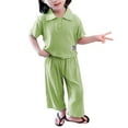 thumbnail image 4 of Ruyang Kids Girls Knit 2 Piece Set Short Sleeve Button Down Shirt + Drawstring Pants Toddler Cotton Loungewear Ribbed Knit Set, 4 of 9