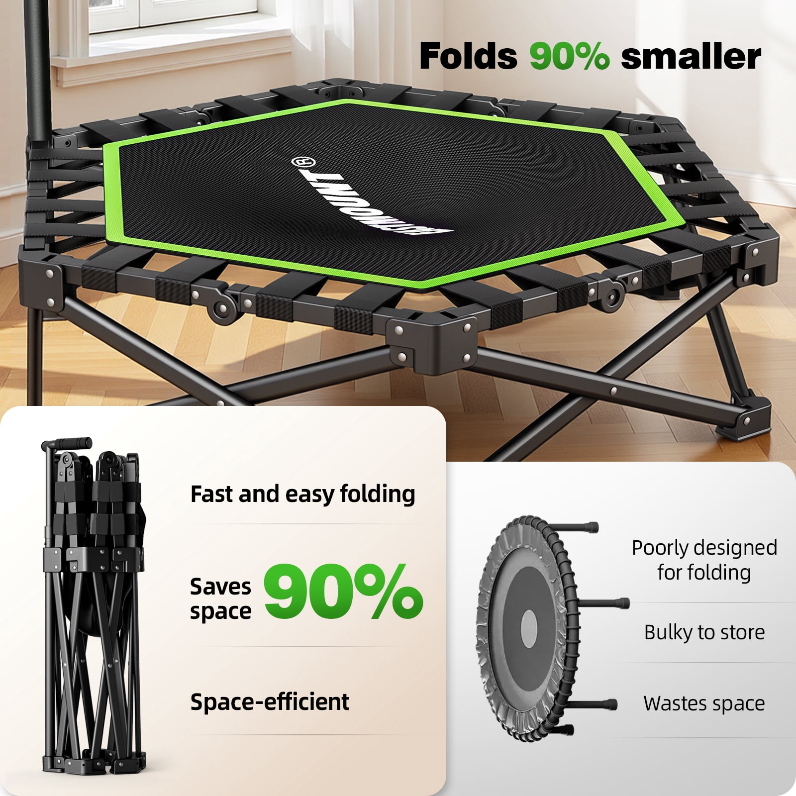 EAST MOUNT 42" Foldable Mini Trampoline for Adults, No Assembly Ultra Quiet Fitness Rebounder with Adjustable Handle, 450LBS Capacity Low Impact Exercise Trampoline for Home Gym Apartment