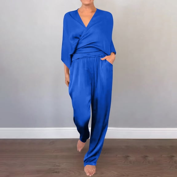 Women's 2 Piece Lounge Set Plus Size Round Neck Casual Solid Color Cotton/Linen Short Sleeve Blue Summer Fashion Sweatsuits S-3XL