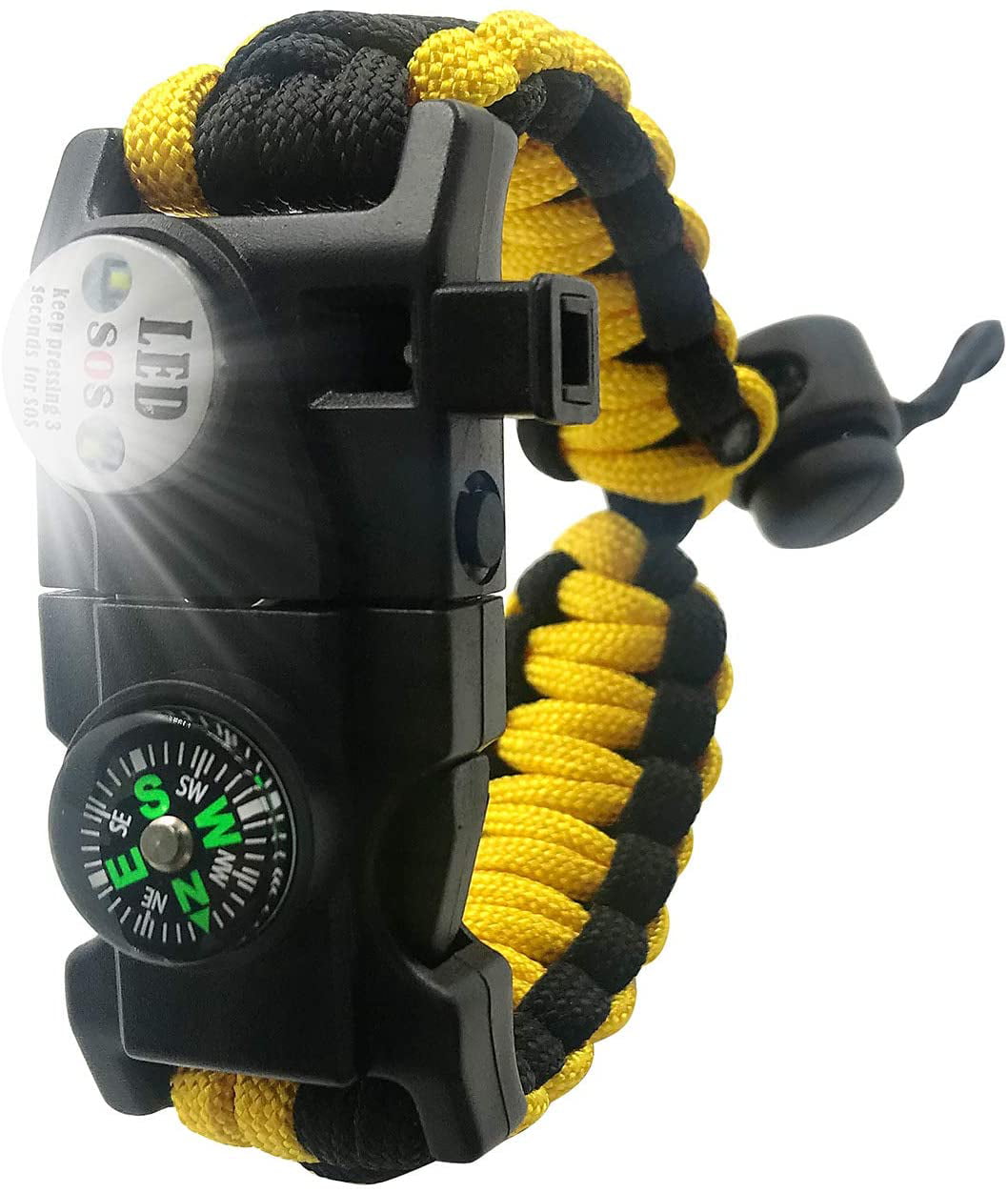 Survival Paracord Bracelet Gear SOS LED Light Compass Fire Starter Whistle Kit