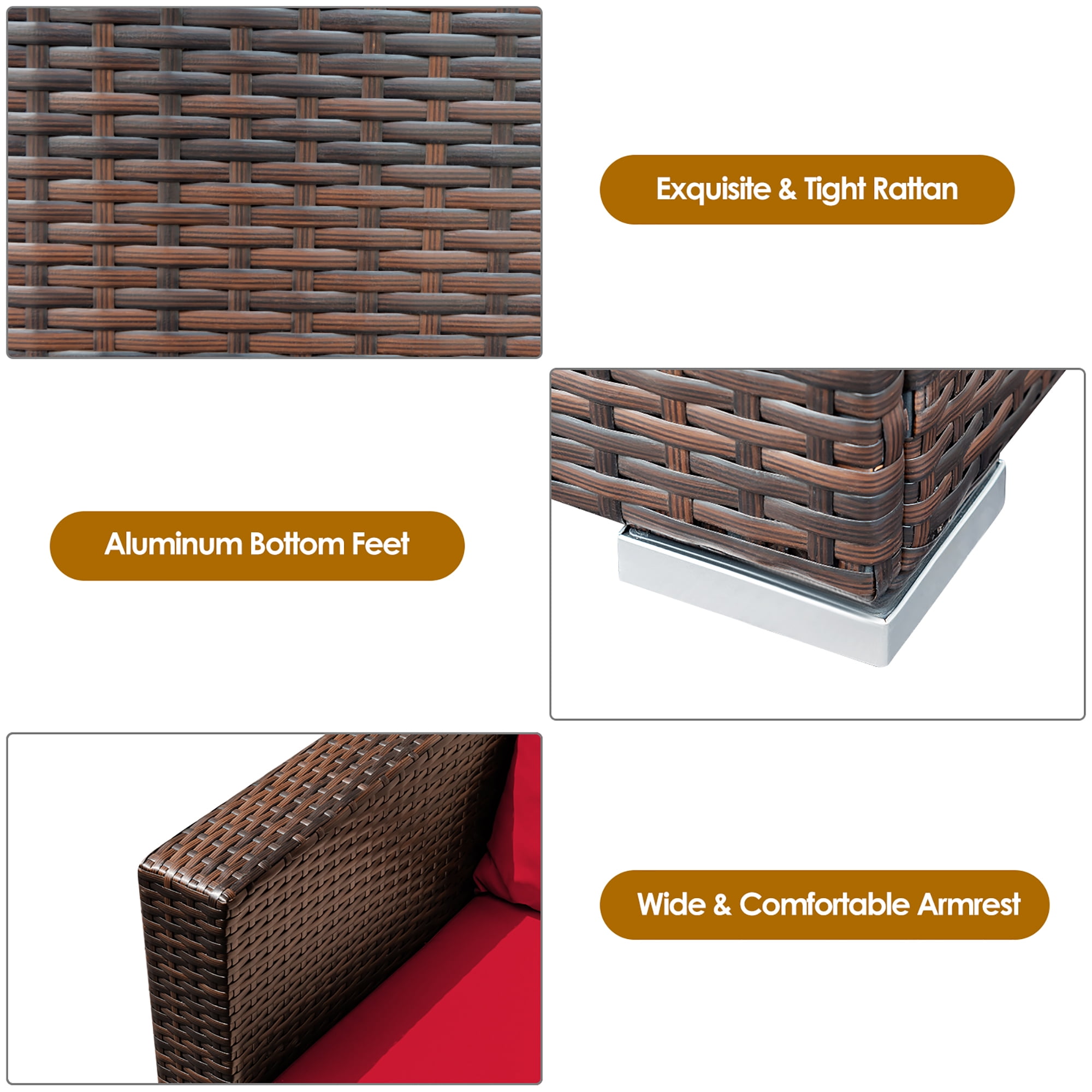 Costway 3PCS Patio Rattan Furniture Set Conversation Sofa Cushioned Garden Red