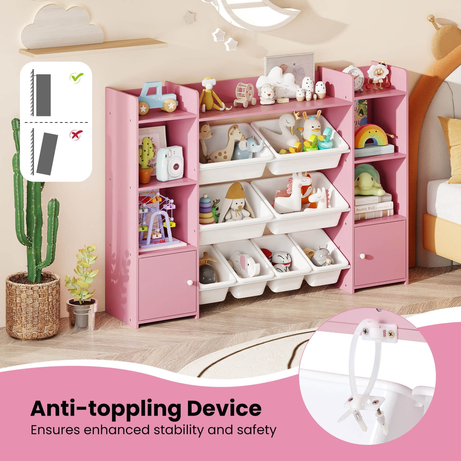 Costway 4-Tier Large Storage Cabinet with 6 Cubbies & 8 Removable Bins Bookshelf Pink