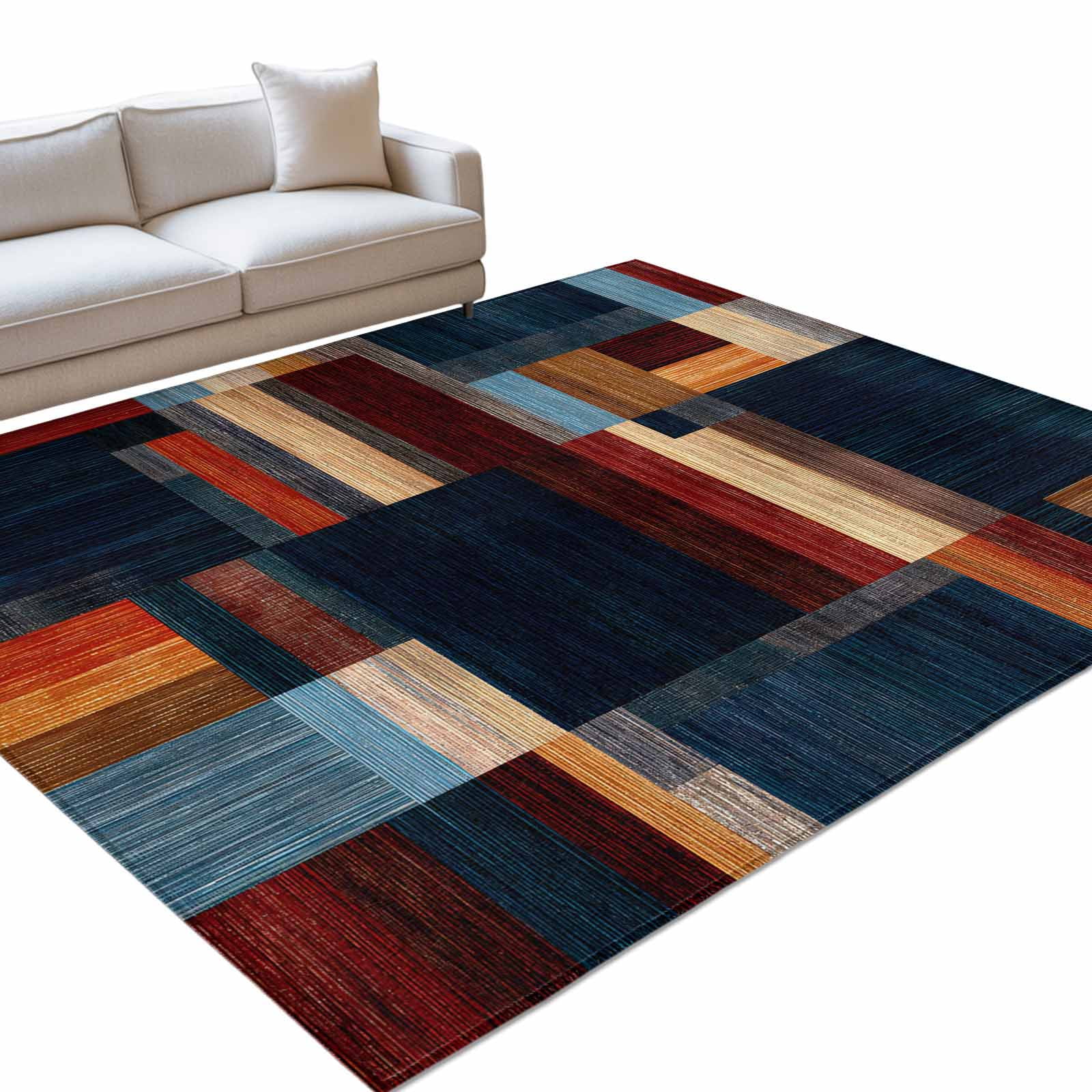 Modern Abstract Area Rugs 4x6ft Geometric Architectural Art Color Blocks in Deep Navy Washable Rug Non Slip Indoor Carpet Absorbent Floor Mat for Living Room Bedroom Dining Room