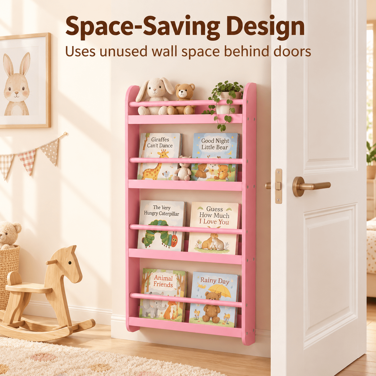 Furnibear 4-Tier Wall Bookshelf for Kids, Front-Facing Nursery Bookcase with Display Shelves for Books and Toys, Space-Saving Bedroom Storage, Pink