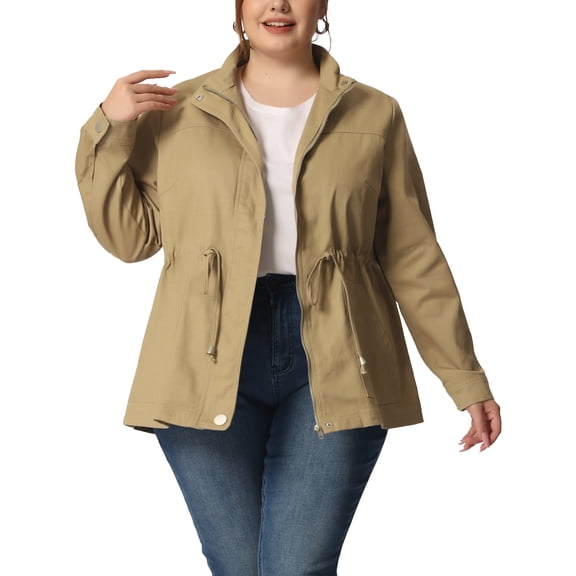 Agnes Orinda Women's Plus Size Jackets Long Sleeve Drawstring Waist Anorak Coats with Pockets Light Khaki 1X