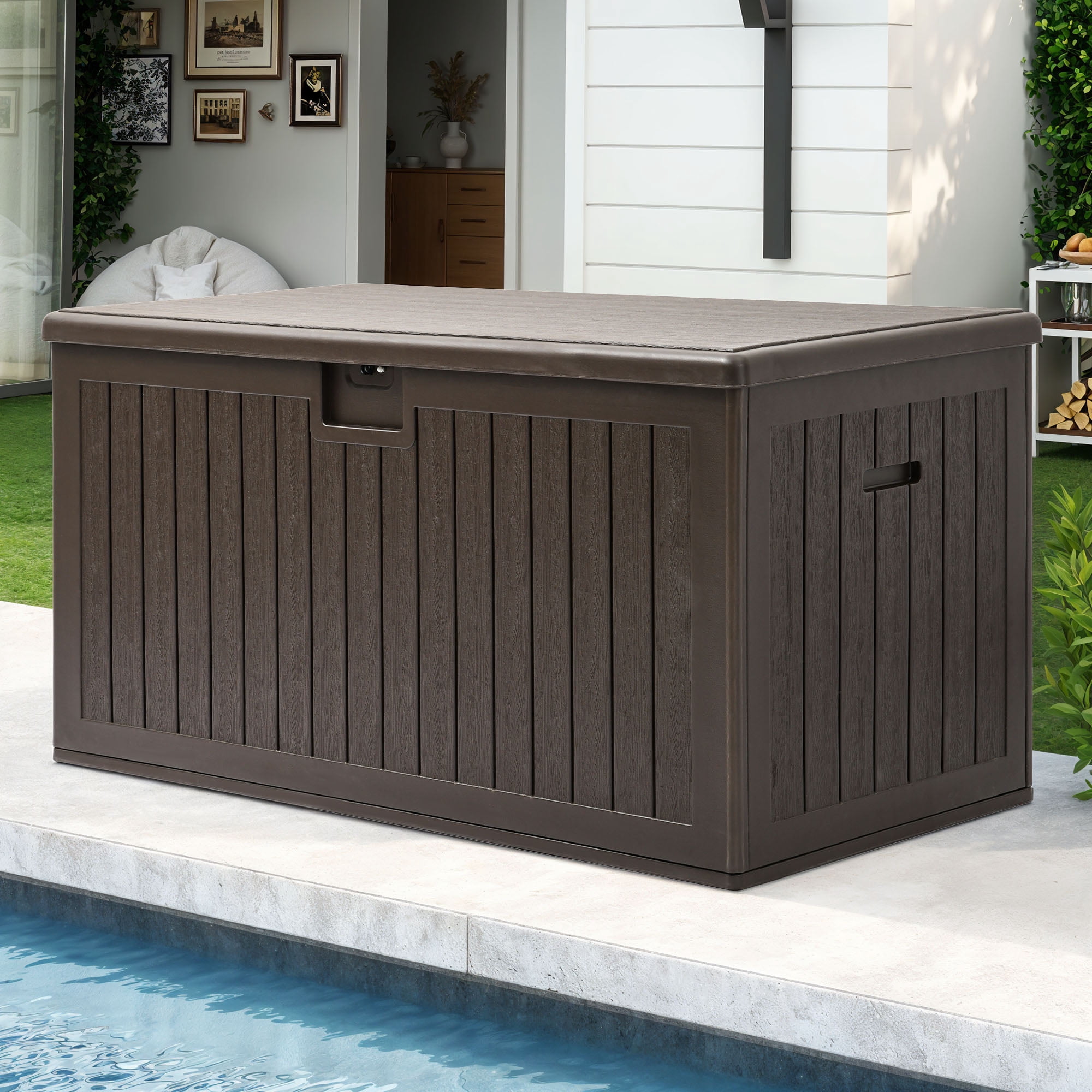 Uforic 150 Gallon Large Outdoor Deck Box, Double-Wall Resin Storage Box with Side Handles, Waterproof & Lockable,Brown