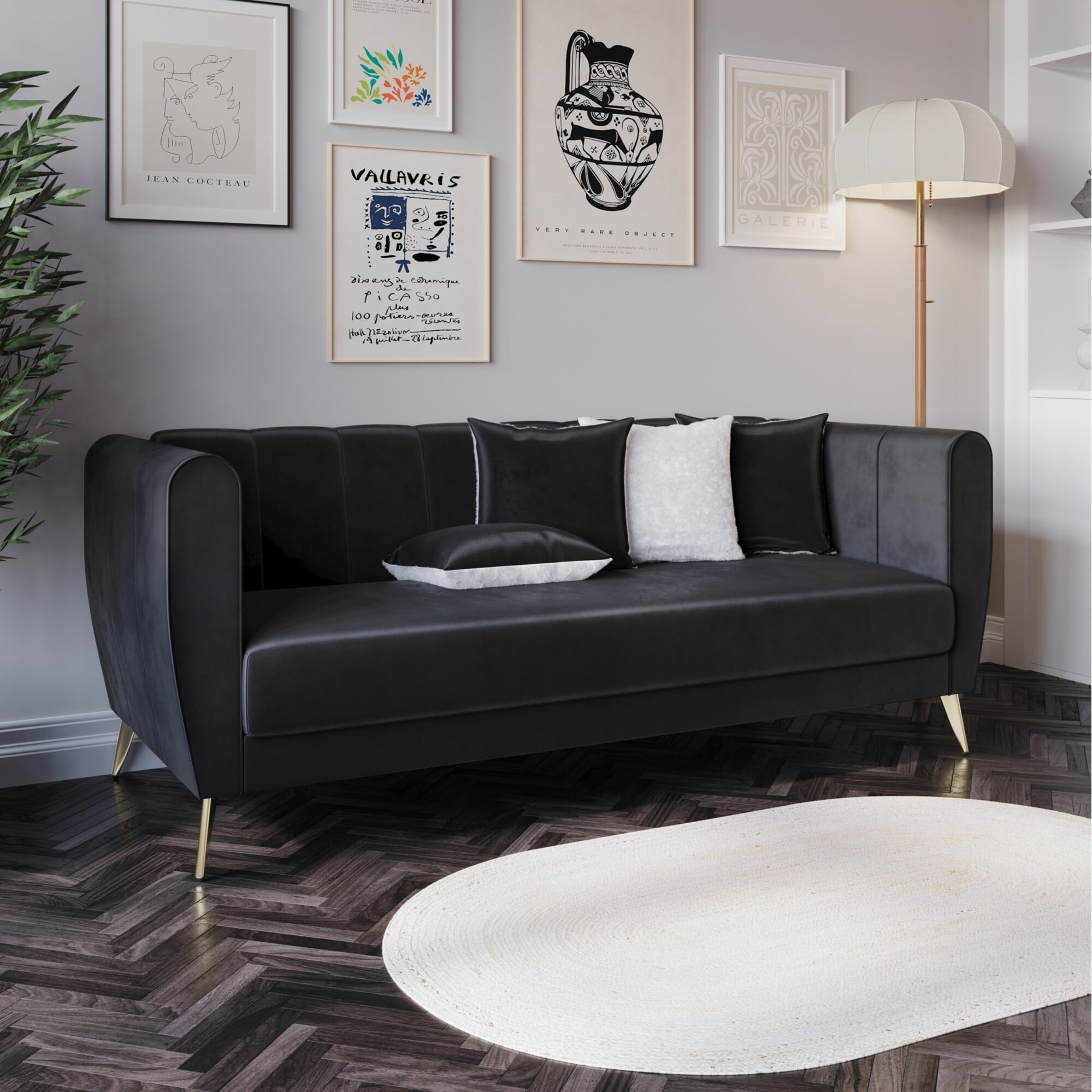 Home Design Scarlett Velvet Flared Arm 3-Seater Sofa with 4 Throw Pillows, Vertical Channel Tufting and Metal Legs, Modern Luxury, Black