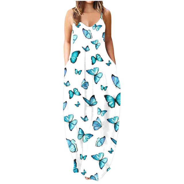 Robe d'Été pour Femmes Décontractée Sans Manches Grande Taille Longue Robe Maxi avec Poches Imprimé Floral Ample Robe de Plage Robe Bohème