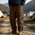thumbnail image 2 of Mens Cotton Cargo Pants Baggy Vintage Drawstring Waist Multi Pocket Outdoor Hiking Trousers Coffee S, 2 of 7