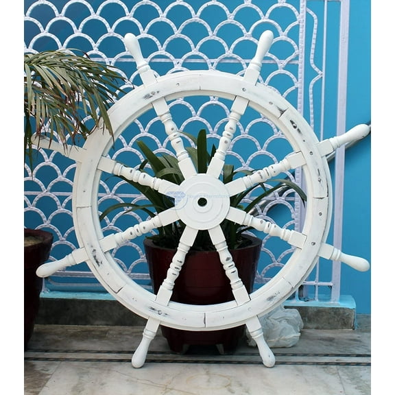 "Nagina International Nautical Wooden Antique Vintage Captain's Ship Wheel   - Pirate Home Decor Gifts - Nursery Wall Hangings (24 Inches, Antique   White)"