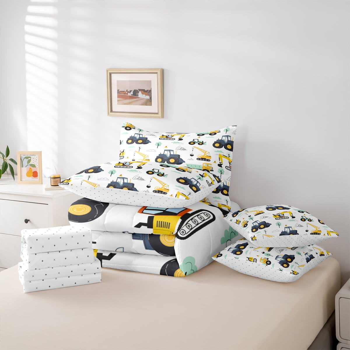 Homewish Crane Bulldozer Excavator 7pcs Bedding Comforter Set,Equipped Truck Queen Bedding Sets,White Yellow Queen Sheet Sets,Microfiber Bedroom Decor