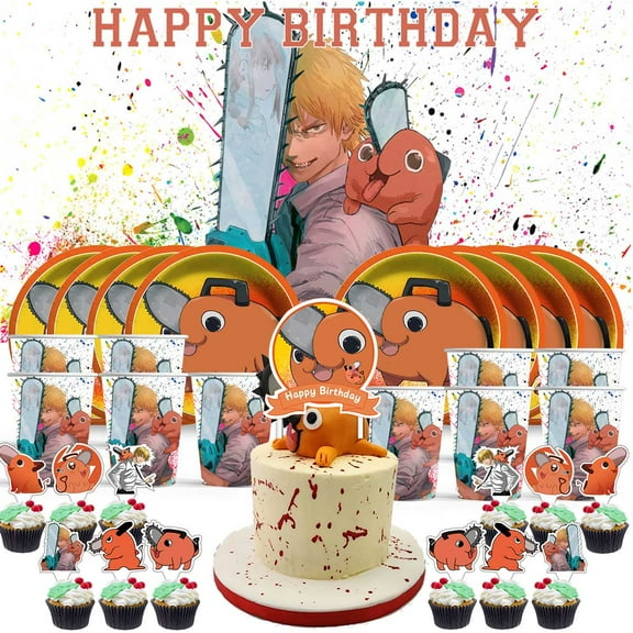 Pochita Birthday Cups Party Supplies Decor Backdrop Paper Plates Fans Decorations Banner