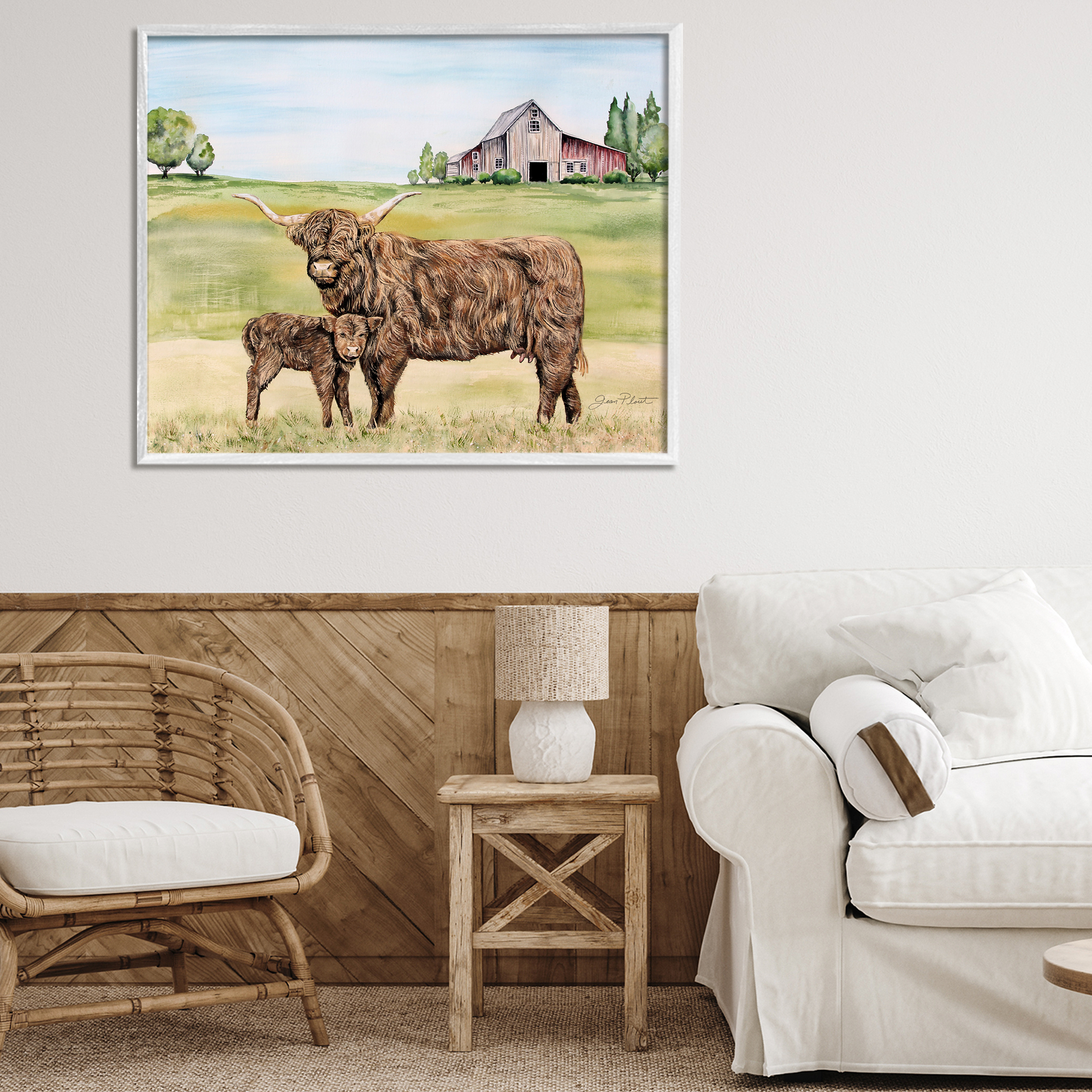 Highland Cow And Calf White Framed Giclee Art, design by Jean Plout