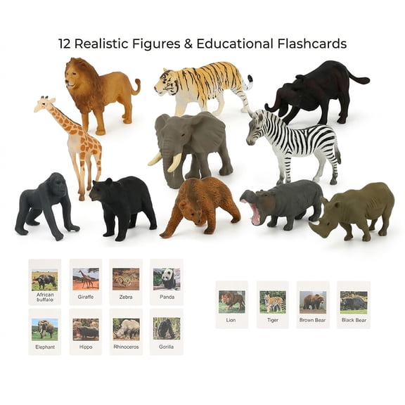 Small Montessori Animal Figures with Flash Cards, Realistic Animal Figurines Toys, Montessori Materials Homeschool Preschool Science Educational Matching Game for Toddler Kids (Zoo)