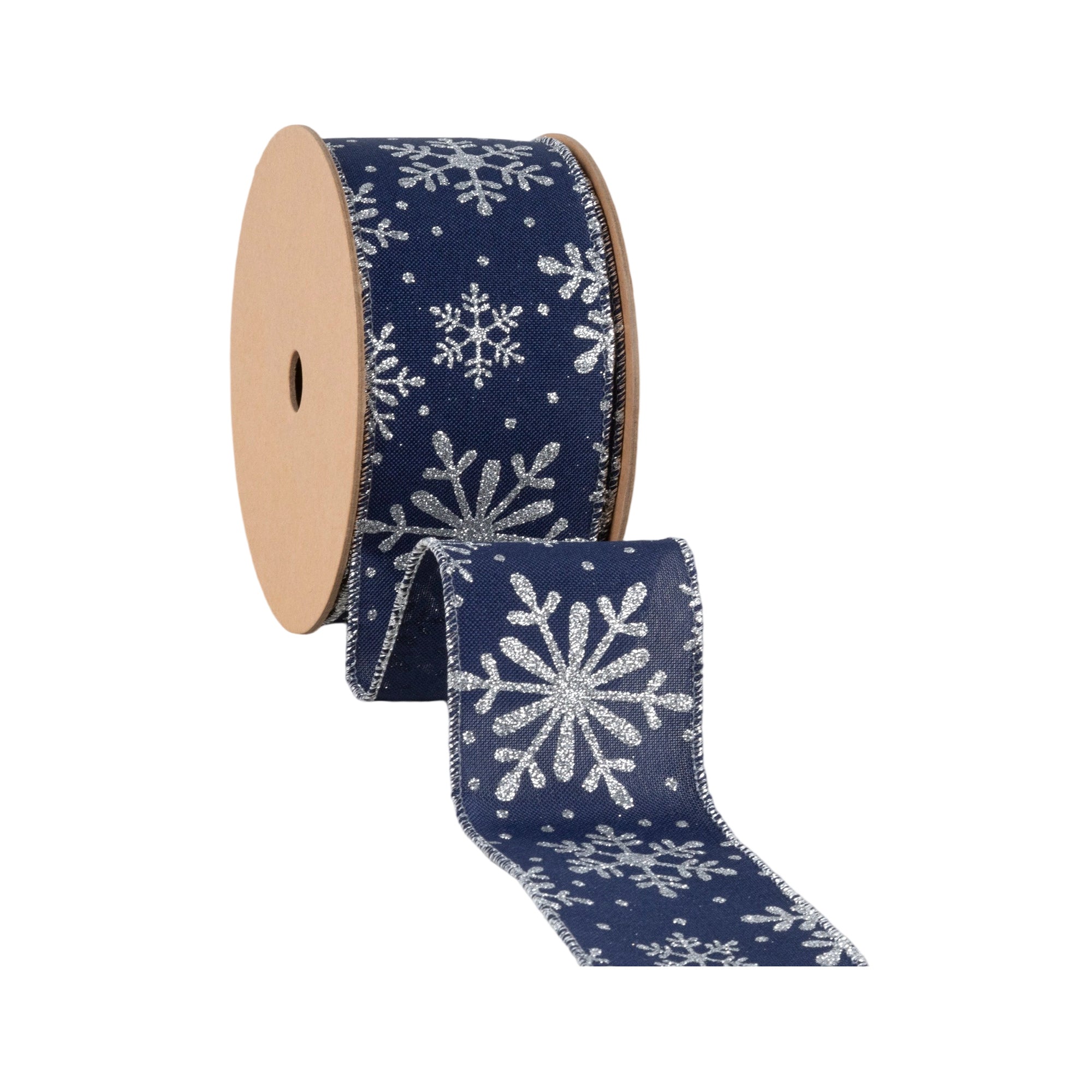LaRibbons 2 1/2" Faux Linen Wired Ribbon, Blue w/ Giltter Silver Snowflake, 25 Yard Roll