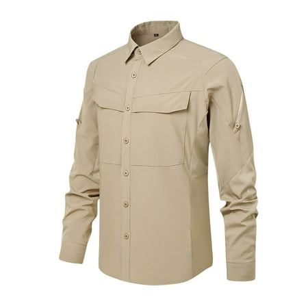 ZCFZJW Men s Tactical Shirts Quick Dry UV Protection Breathable Solid Color Long Sleeve Hiking Fishing Button Shirts with Pockets Khaki S