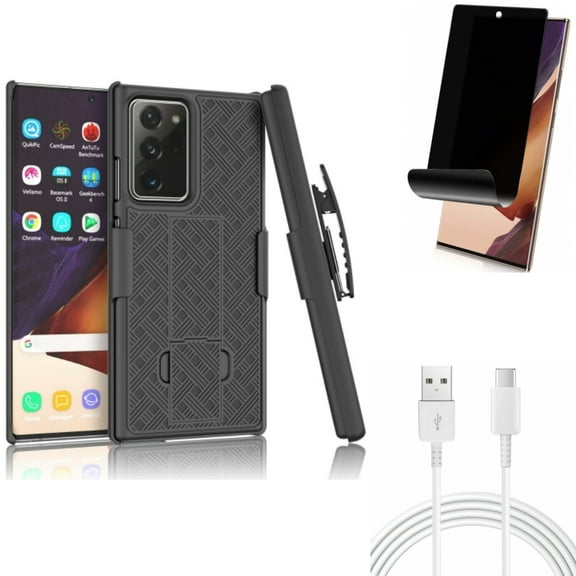 10ft USB-C Cable & Privacy Screen Protector & Case Belt Clip for Samsung Galaxy Note 20 Ultra (6.9") - Combo with Type-C Charger Cord & TPU Film Anti-Peep & Holster Swivel