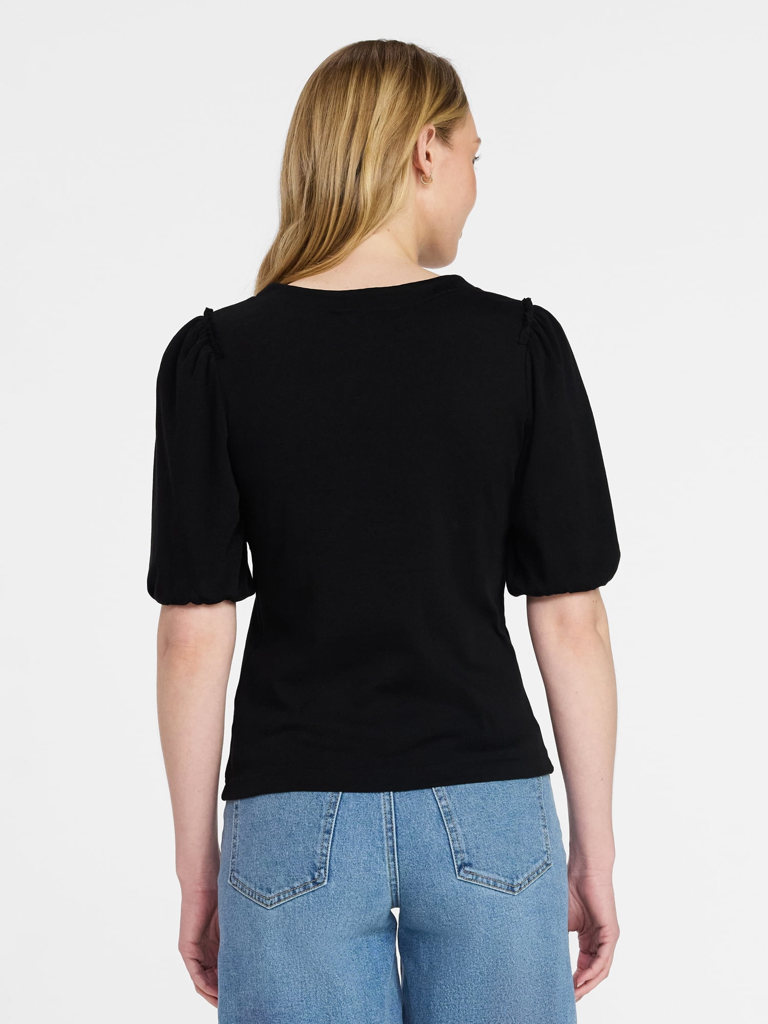 Time and Tru Women's Cotton Crewneck Tee with Puff Sleeves, Sizes XS-XXXL
