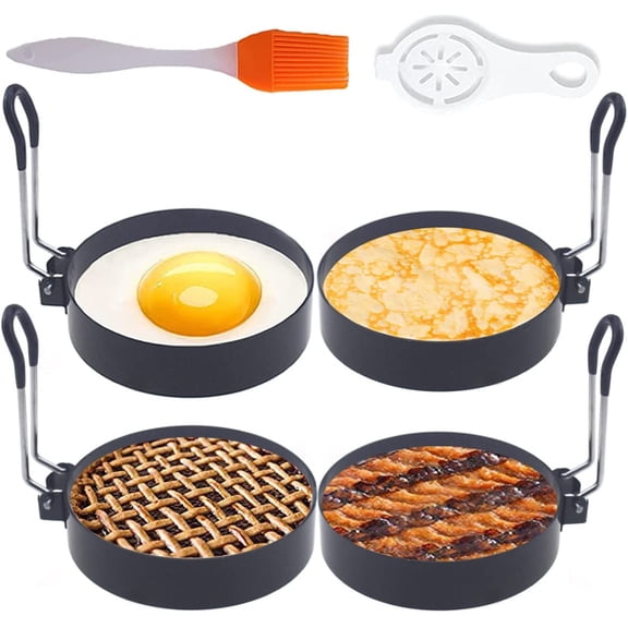 Upgrade 4" Large Egg Rings Set for Griddle,4 Packs Non-stick Stainless Steel Round Egg Maker Mold Egg Shaper Circle Pancake Ring Omelete Rings Anti-scalding Grill with 1X Oil Brush &1X Egg Separator