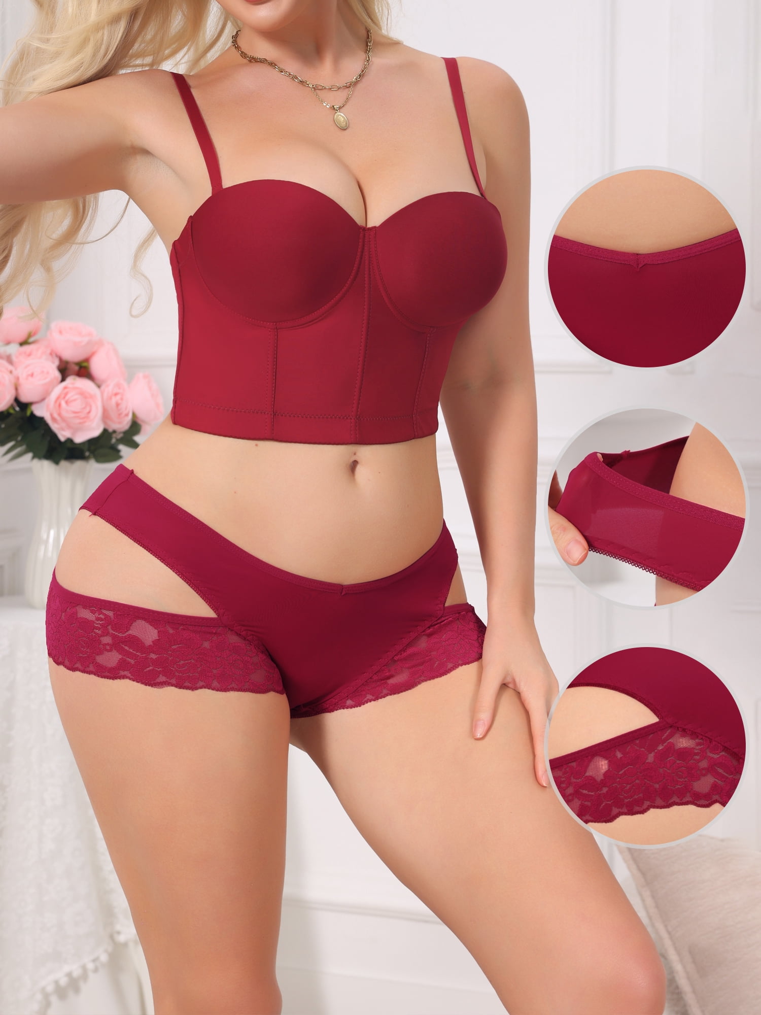DARING DIVA Women's Wide Lace Trim Thong V-Cut Ice Silk Mid Rise T-Back Underwear L Red