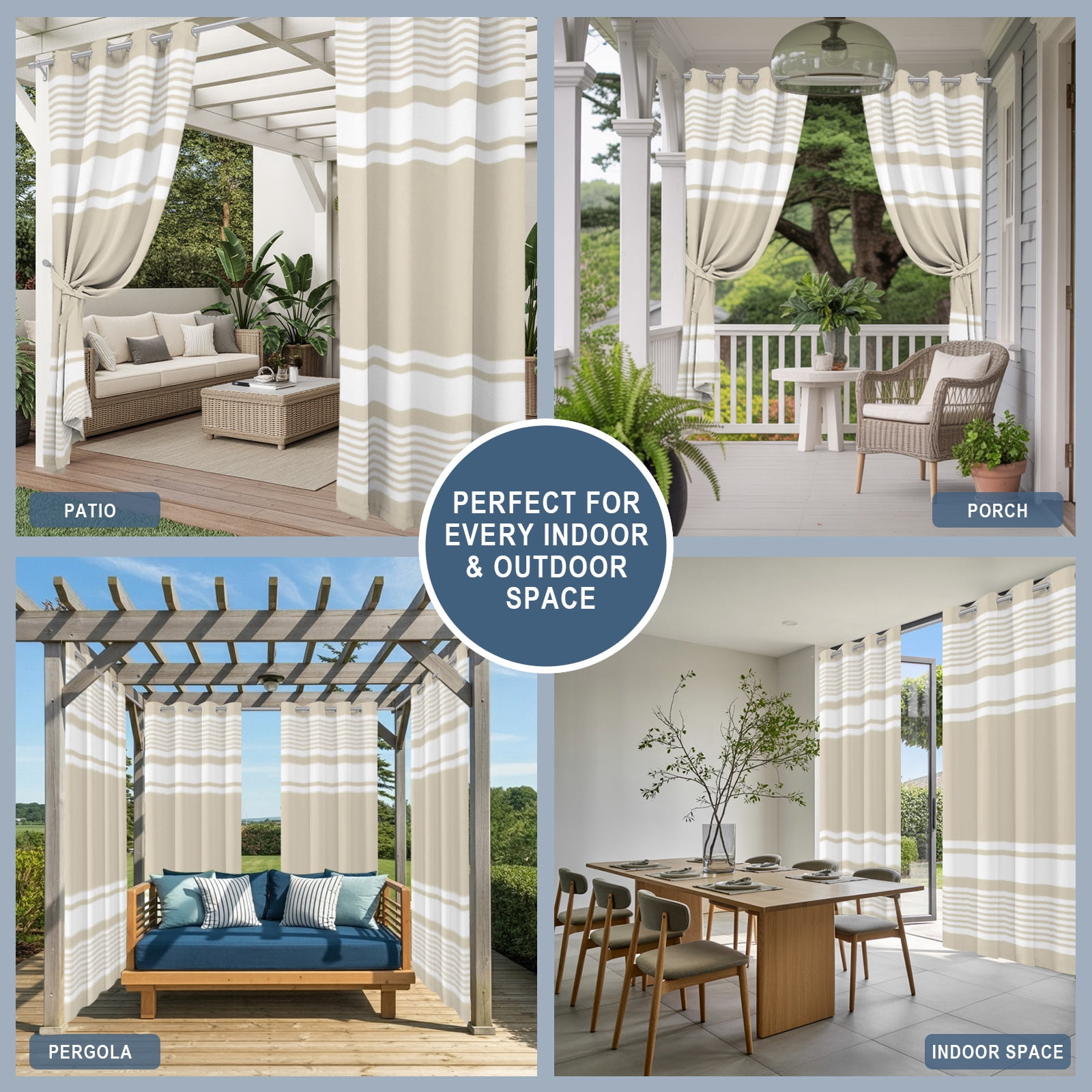 Farmhouse Beige Striped Outdoor Curtains for Patio, Modern Minimalist Stripes Abstract Sunshade Privacy Drapes Grommet Waterproof Outside Curtains for Porch/Cabana/Balcony 54"x 108", 1 Panel