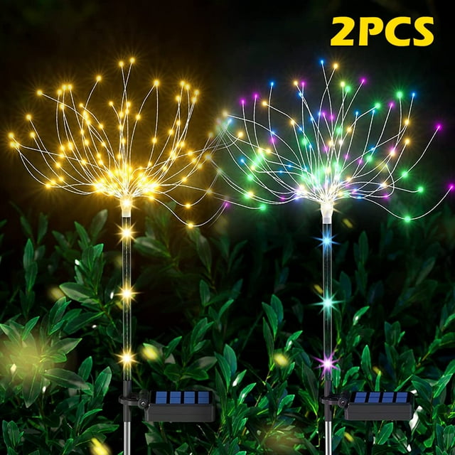 2PCS Solar Garden Firework Lights 124 LED Solar Starburst Fairy Lights Copper Wire Twinkling Solar Stake Lights 8 Lighting Modes Garden Pathway Lights IP65 Waterproof for Patio Yard Flowe