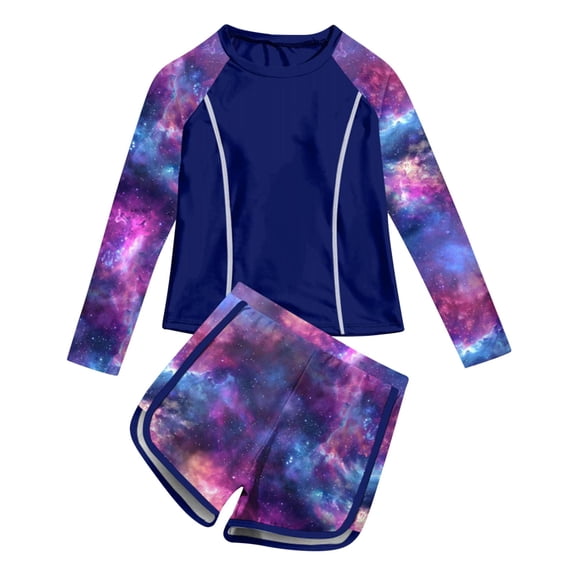 Edvintorg Girls Two Piece Swimsuit Fashion Printed Long Sleeve Bathing Suit with Boyshort Summer Swimwears for Girls Size 2-11