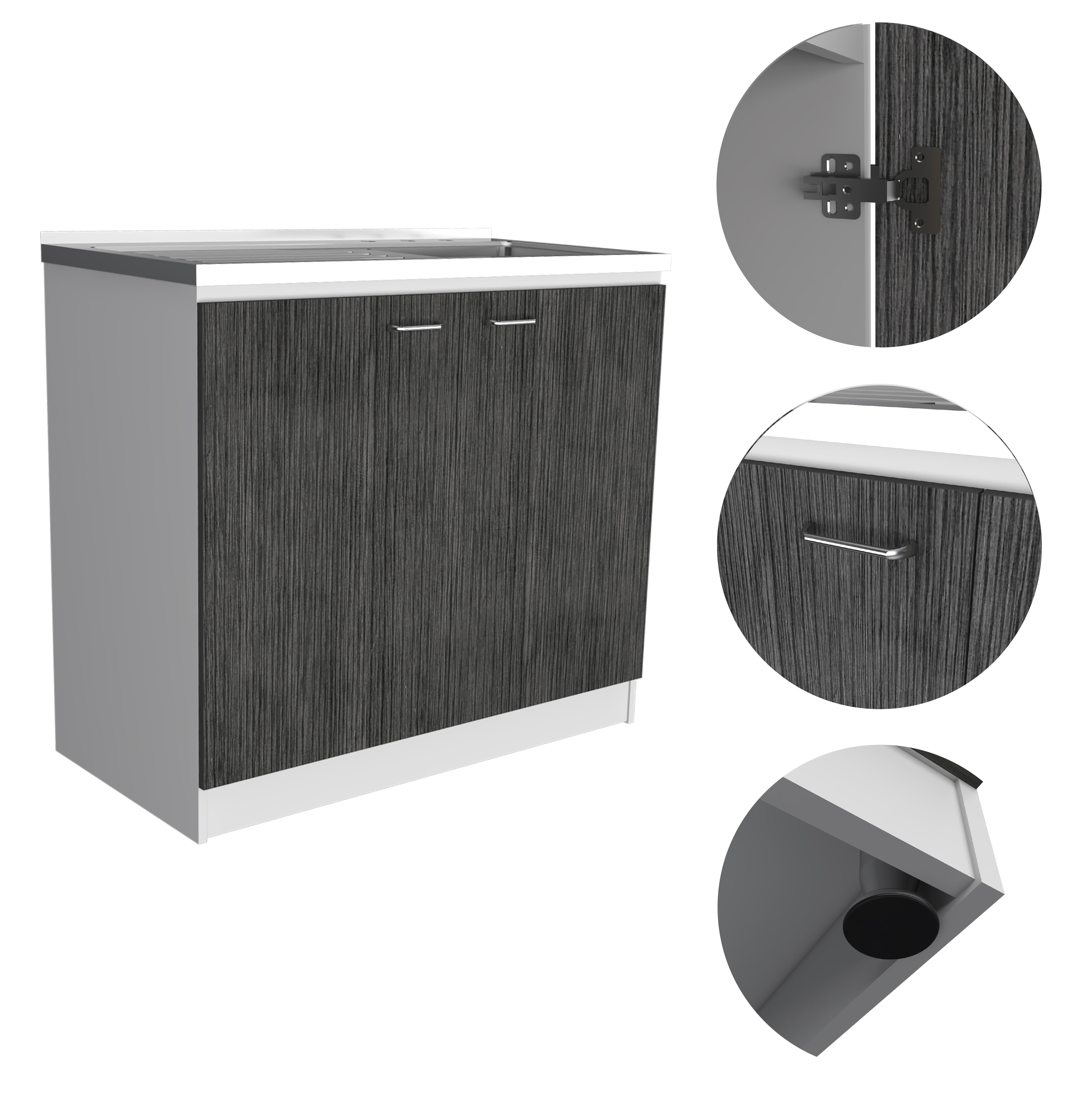 Izzovium Brookeline Rectangle 2-Door Utility Sink and Cabinet with Stainless Steel Sink, 35.4" H x 39.3" W x 20.5" D, White and Smokey Oak for Kitchen, Laundry, or Garage