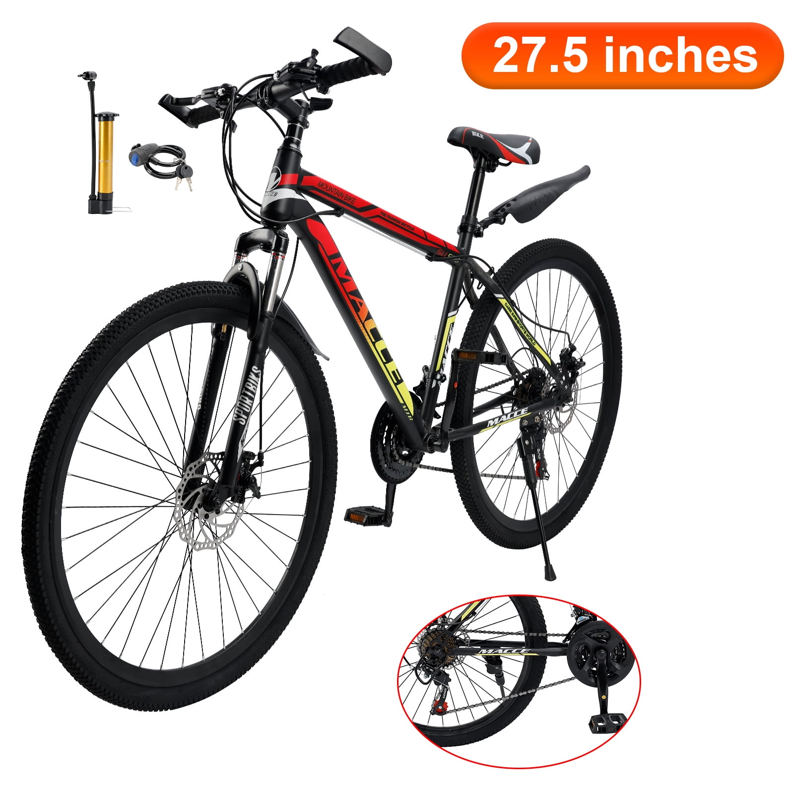 27.5" Spoke Wheel 24 Speed Mountain Bicycle Adult Bike MTB w/ fender Red & Yellow