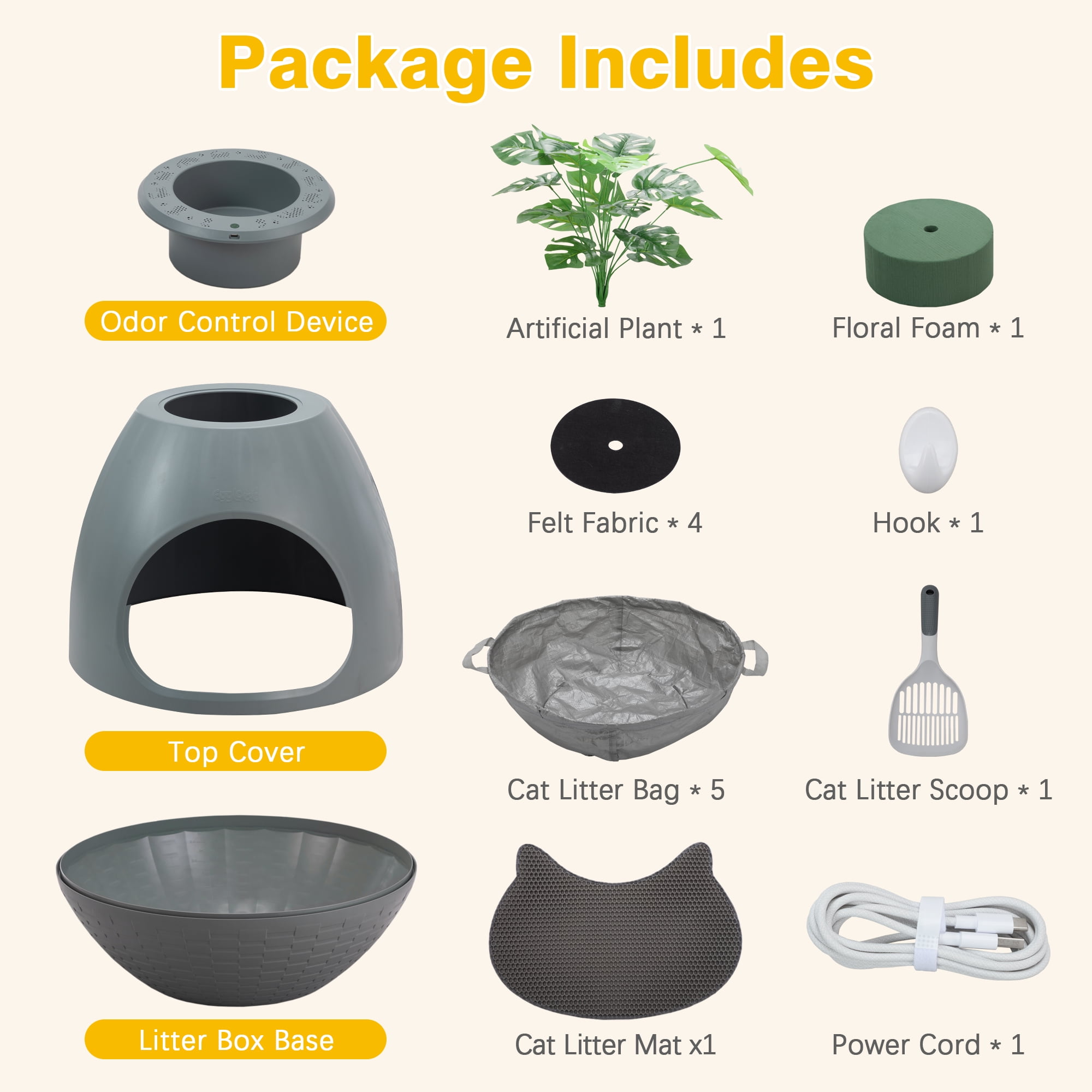 Jaxpety Large Smart Plant Litter Box with Deodorization System, Artificial Plants,5 Cat Litter Bags,Light,Cat Litter Mat,Scoop,Gray