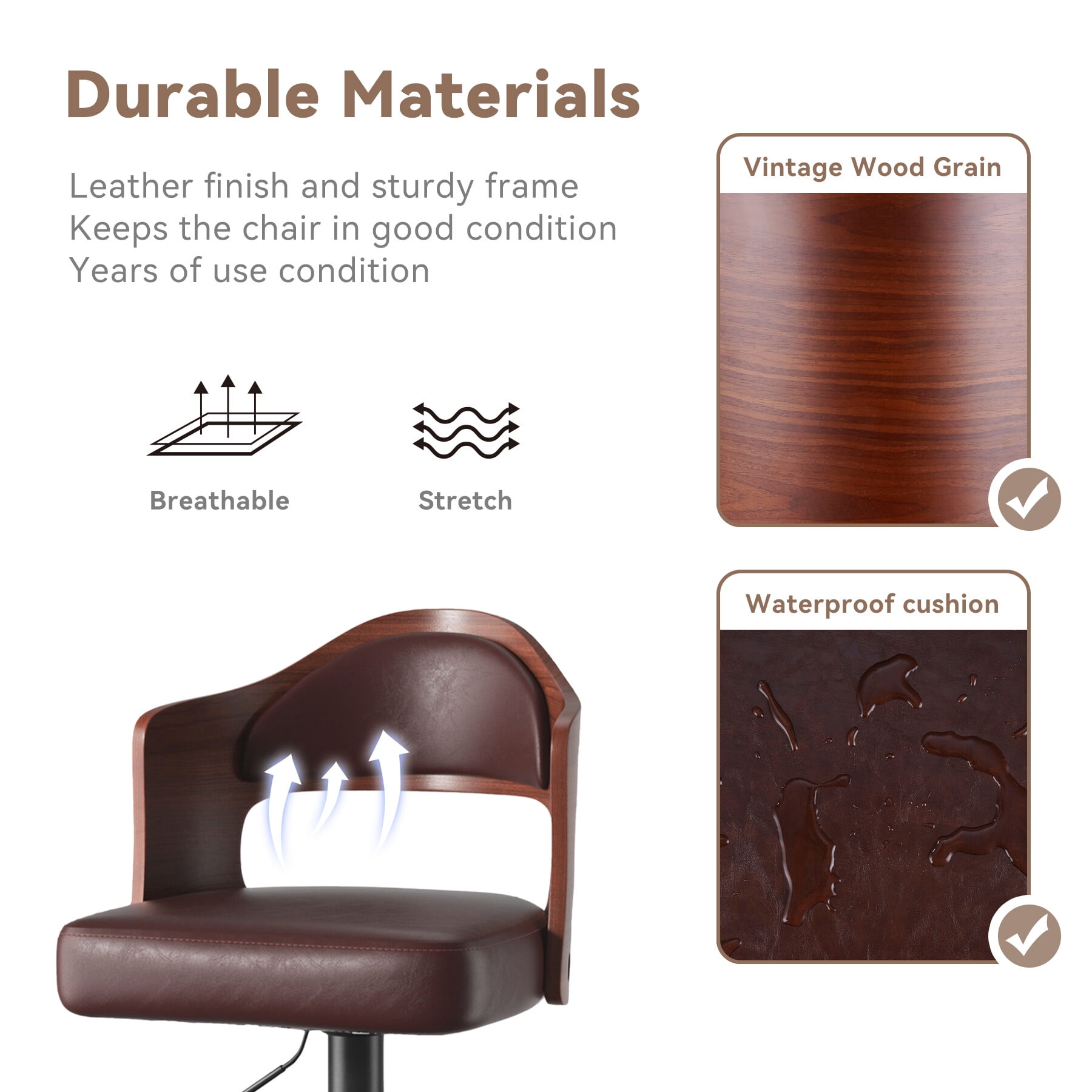 Hawsaiy Wooden Bar Stools Set of 4, Adjustable Height 24.5-33.5IN, Wooden Bar Chairs with PU Leather Upholstery, Back & Footrest for Kitchen, Dining, and Home Bar