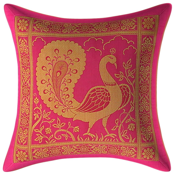 Stylo Culture Ethnic Soft Throw Pillow Covers Dancing Peacock Floral Magenta And Gold Throw Pillow Covers 12x12 Jacquard Weave Banarsi Living Room Brocade 30x30 cm Cushion Covers (1 Pc)