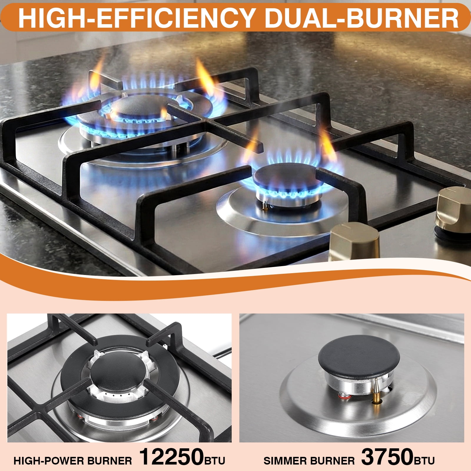 SIXDAY 2 Burner Cooktop 12inch, 19,000 BTU Portable Tempered Glass Propane Gas Stove with Auto Ignition, CSA Regulator & Hose