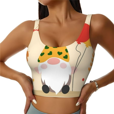 Qokaie Three Gnomes With Balloons Pattern Womens Scoop Neck Sports Bra Breathable Workout Vest Padded U Back Medium Impact Fitness Gym Yoga Bra Workout Crop Top-Small