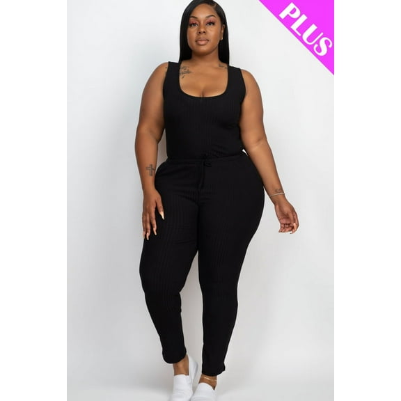 Ribbed Sleeveless Jumpsuit with Drawstring Waist in Plus Size