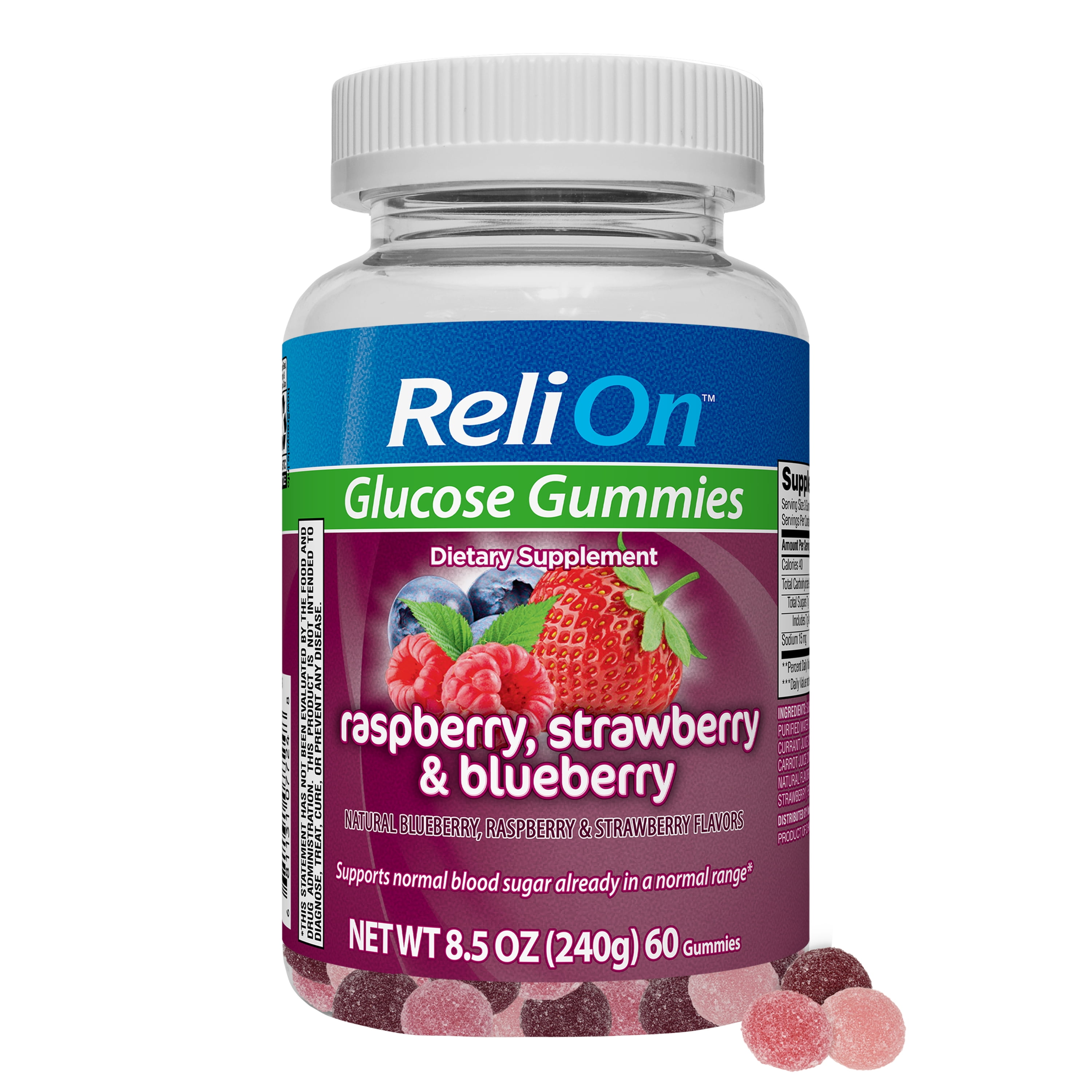 ReliOn Glucose Gummies, Raspberry, Strawberry & Blueberry, 60 Count