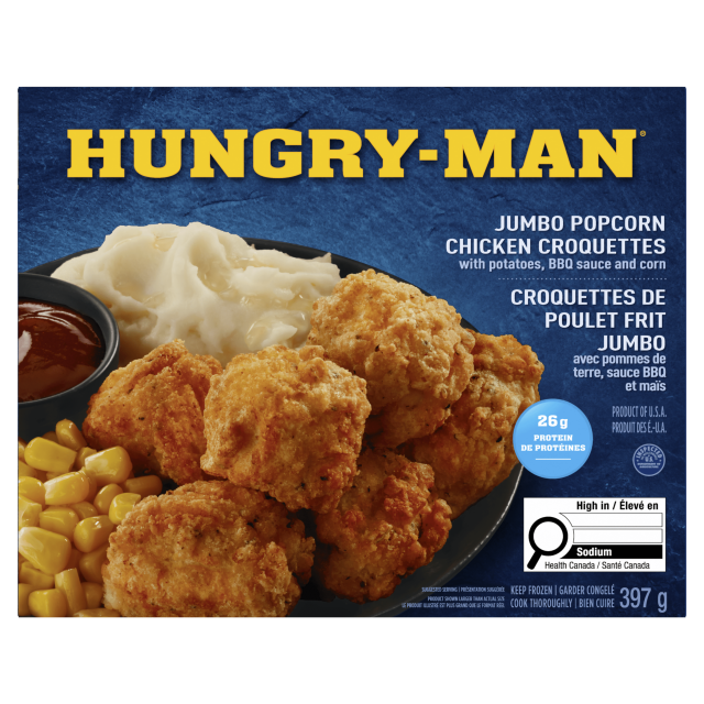 Hungry-Man Frozen Jumbo Popcorn Chicken Croquettes Frozen Dinner, With Potatoes, BBQ Sauce and Corn, 26g of Protein, Frozen Meal, 397g