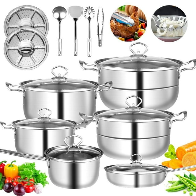 Bateria de Cocina de 18 Piezas, Juego de Ollas y Sartenes Antiadherentes con Ollas y Espátulas Reforzadas, Apta para Cocinas Eléctricas y de Gas, Apta para Lavavajillas