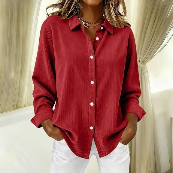 BLTIBY Corduroy Shirts for Women Elegant Button Down Lapel Collar Blouse Winter Fall Vintage Long Sleeve Tops with Pockets Red XL