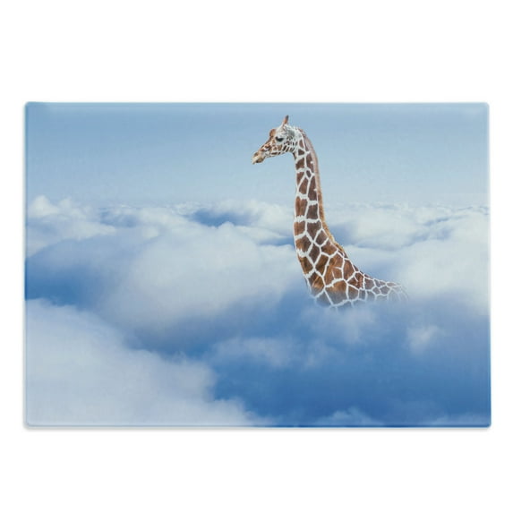 Giraffe Cutting Board, Aerial Scene of a Flying Animal in Fluffy Clouds Heaven Fantasy for Animals Themed, Decorative Tempered Glass Cutting and Serving Board, Large Size, White Brown, by Ambesonne