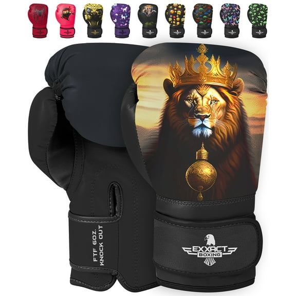 Exxact Sports Knockout Printed Youth Boxing Gloves for Kids (3-10 Years) with Padded Protection and Wrist Support, Durable Engineered Leather Kids Boxing Gloves (Lion, 4OZ)